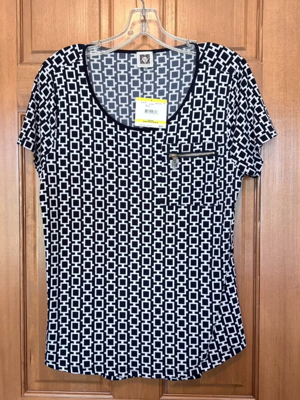 Anne Klein Navy White Geometric Chain Print Tee Style Blouse Zip Pocket Med NWT